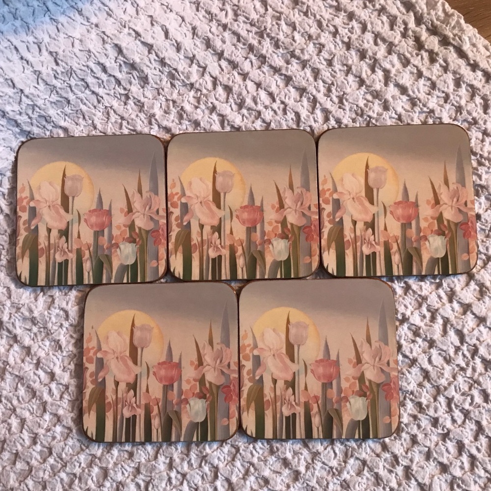 Vintage set of 5 Pimpernel romantic dawn tulip cork coasters